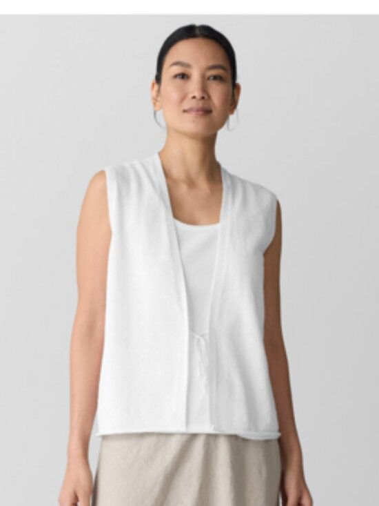 Eileen Fisher Sweaters - Eileen Fisher White V Neck Lightweight Organic Linen Cotton Vest With Front Tie